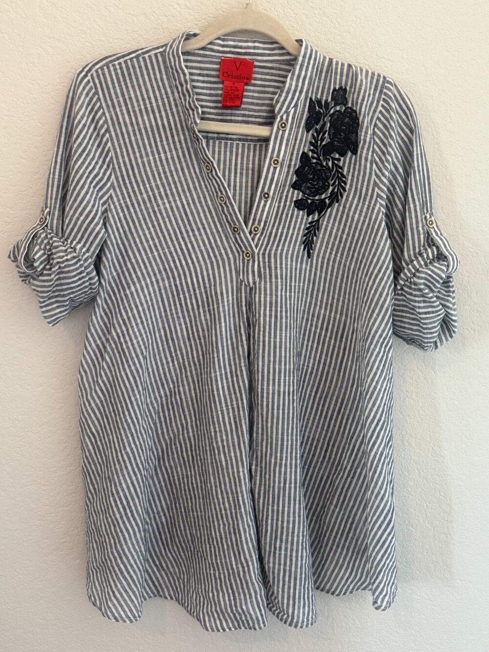V Cristina V neck Tunic Top 100% Cotton Embroidered Roll Tab Sleeves Medium